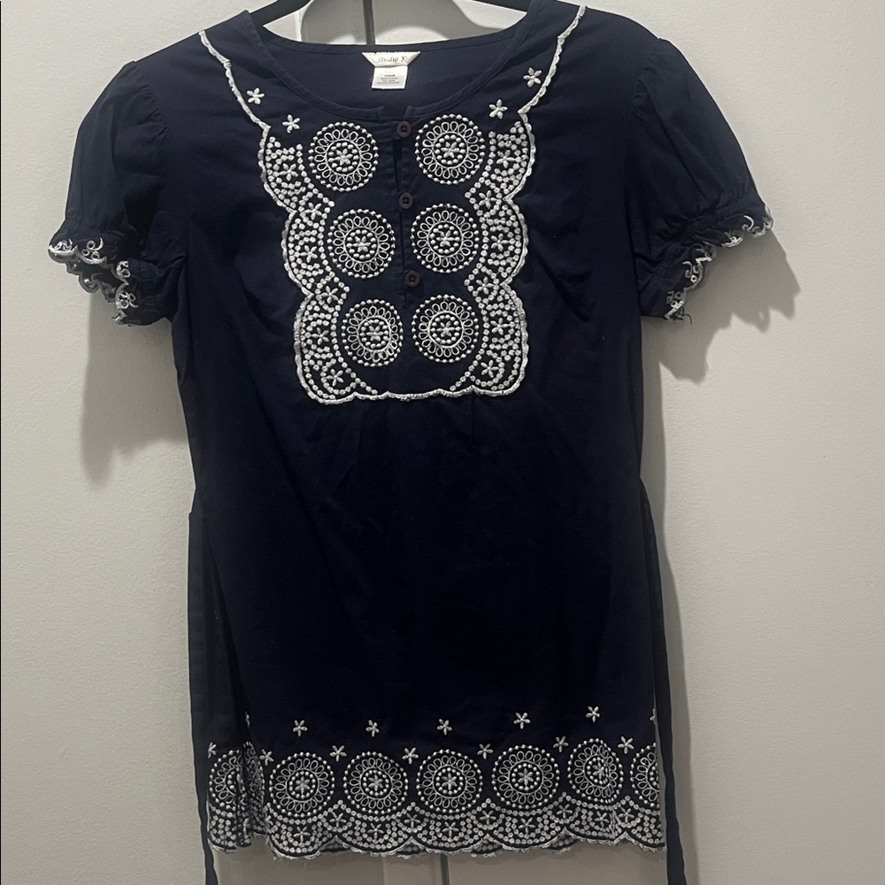 Studio Y Navy Blue Embroidered Short Sleeve Blouse